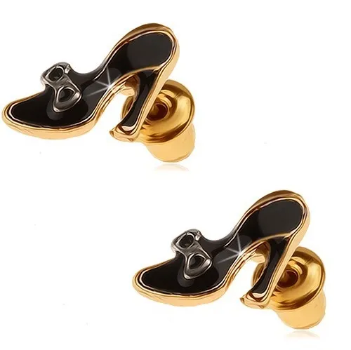 Náušnice zlatej farby, čierne glazúrované dámske lodičky s mašličkou