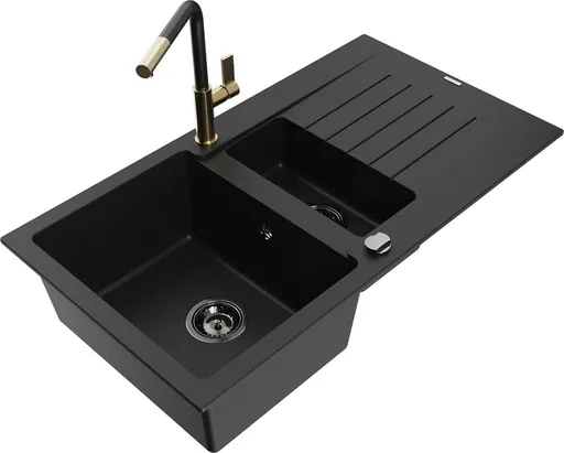 MEXEN/S MEXEN/S - Matias granitový drez 1.5 s odkvapkávačom vrátane batérie Flora, čierna 6502-77-670401-57-B