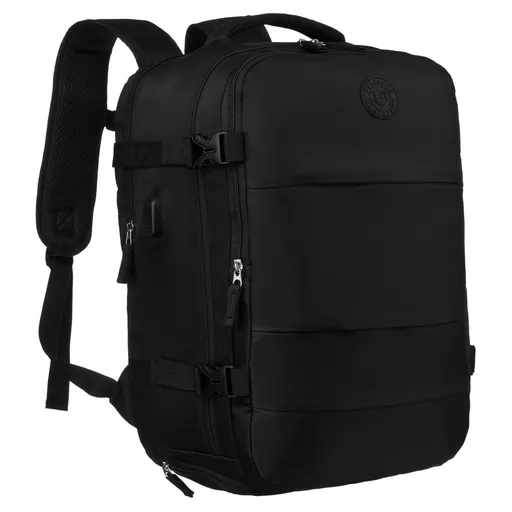 Čierny trojkomorový cestovný ruksak z polyesteru – praktický a funkčný