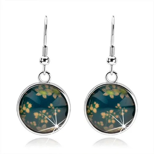 Náušnice kabošon, kruh s glazúrou, kvetinový vzor, modrý podklad