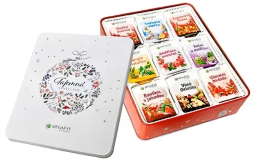 MEGAFYT TAJOMNÁ kolekcia čajov plechová krabica 9 druhov po 8 vrecúšok 72ks 134g