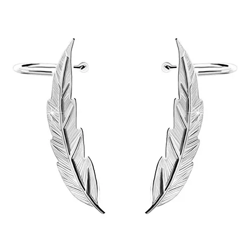 Strieborné 925 náušnice crawler - úzky lesklý gravírovaný list, puzetky a háčiky