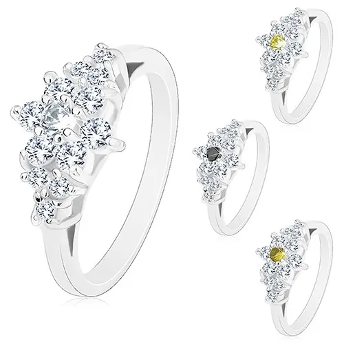 Prsteň striebornej farby, trblietavý zirkónový kvietok s farebným stredom - Veľkosť: 52 mm, Farba: Číra