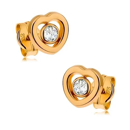 Zlaté náušnice 9K symetrické srdce s čírym zirkónom