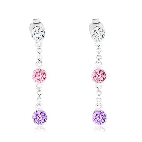 Náušnice zo striebra 925, farebné zirkóniky v objímkach, retiazka