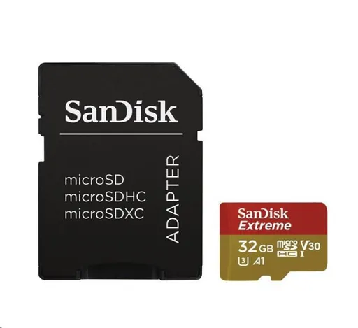SanDisk MicroSDHC karta 32GB Extreme (100MB/s, Class 10 UHS-I V30, pre akčné kamery) + adaptér