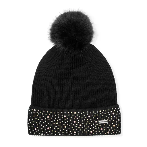 Dámska zimná čiapka s brmbolcom a trblietavými kamienkami – rebrovaný úplet  101-HF-204-1