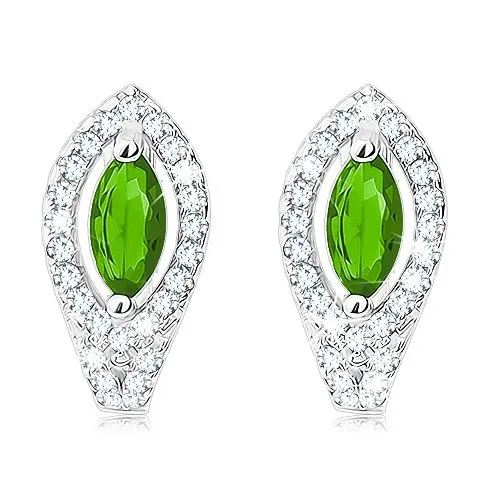 Náušnice zo striebra 925, smaragdovo zelené zrnko, obrys z čírych zirkónov