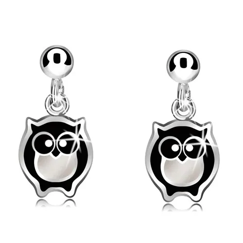 Strieborné náušnice 925 - múdra sovička s čierno-bielou glazúrou a guľôčka