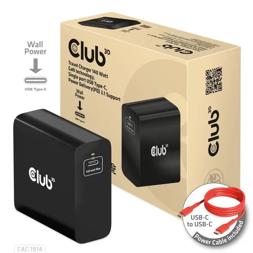 Club3D cestovná nabíjačka USB-C 140W GaN Technológia, 1xUSB-C, podpora PD 3.1