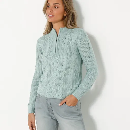 Pulóver so stojačikom na zips a s vrkočovým vzorom