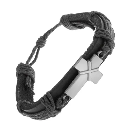 Kožený náramok čiernej farby, patinovaný kríž s prekríženými pásikmi