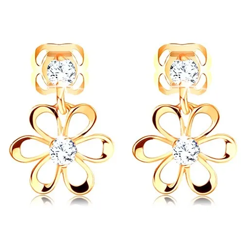Diamantové náušnice v žltom 14K zlate - kvietok s oblými lupeňmi, číre brilianty