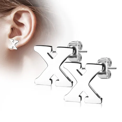 Náušnice z chirurgickej ocele - veľké tlačené písmenko X, strieborná farba