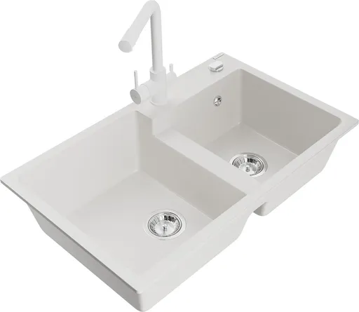 MEXEN/S MEXEN/S - Tomas granitový drez 2-bowl vrátane batérie Duero, biela 6516-20-671600-20