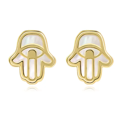 Zlaté náušnice 14K symbol Hamsa s prírodnou perleťou