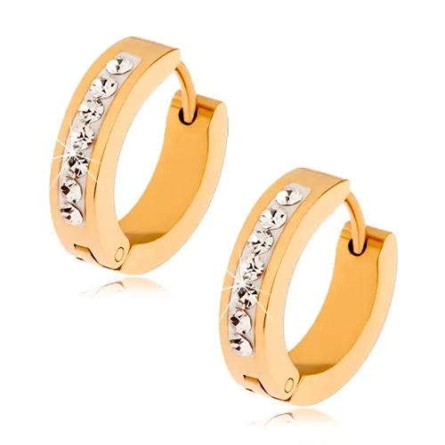 Náušnice z ocele, zlatá farba, pásik vykladaný čírymi kamienkami