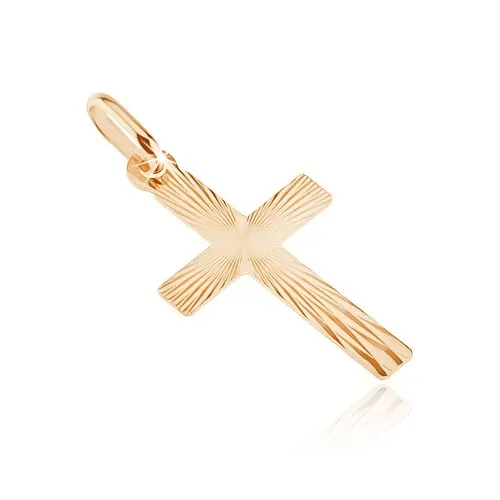 Zlatý plochý prívesok 585 - kríž, lesklé pravidelné črepiny na povrchu