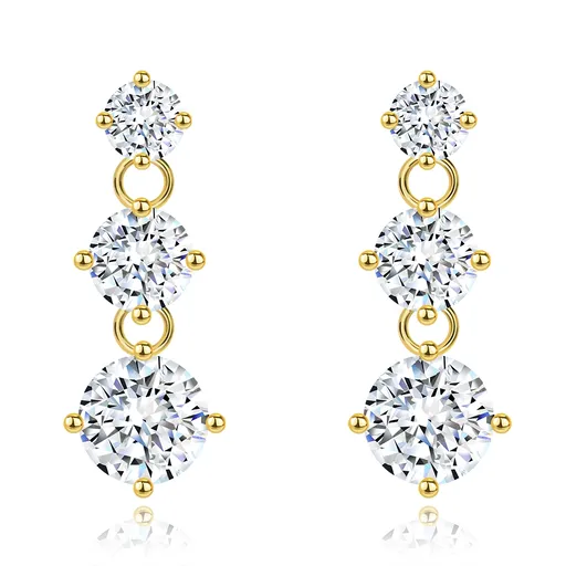 Náušnice zo žltého 14K zlata - tri okrúhle ligotavé zirkóny v čírej farbe