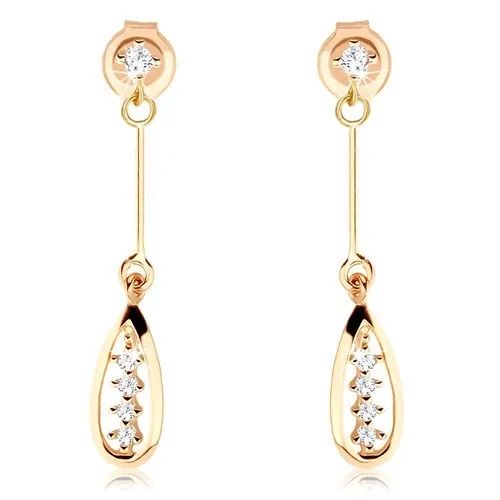 Zlaté náušnice 14K so zirkónmi a otvorenou slzou na tenkej paličke