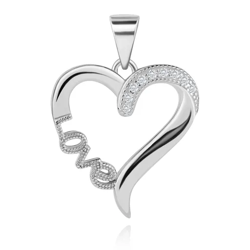 Ródiovaný prívesok, striebro 925, kontúra srdca s nápisom Love, číre zirkóny