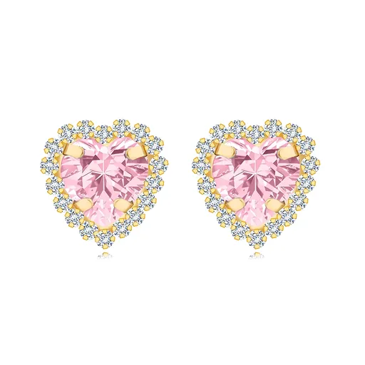 Náušnice v žltom 9K zlate - srdce s ružovým zirkónom, číra zirkónová obruba