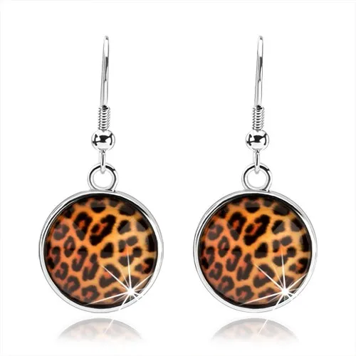 Kabošon náušnice, vypuklé číre sklo, leopardí motív, afroháčiky