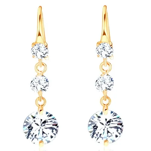 Náušnice zo žltého 14K zlata - tri okrúhle brúsené zirkóny čírej farby