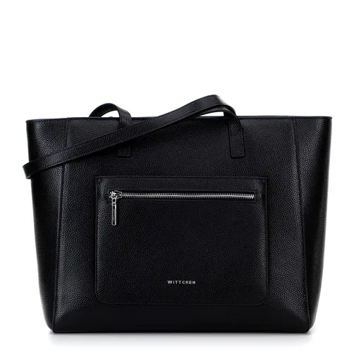 Kožená kabelka shopper s vreckami na prednej strane čierna so strieborným logom 100-4E-620-1S