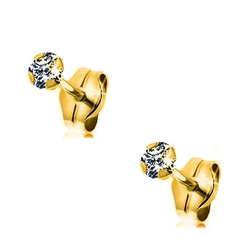 Náušnice v žltom zlate 375 - okrúhly brúsený zirkón v kotlíku, 3 mm