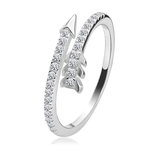 Prsteň zo striebra 925 - motív šípu, rozdvojené ramená so zirkónmi - Veľkosť: 62 mm