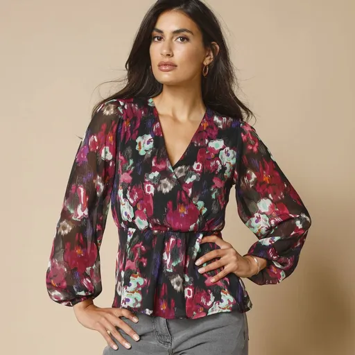 Blúzka so zavinovacím výstrihom, voál s potlačou