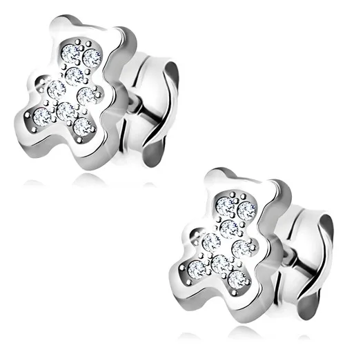 Náušnice v bielom zlate 585 - macko vykladaný čírymi zirkónmi, puzetky