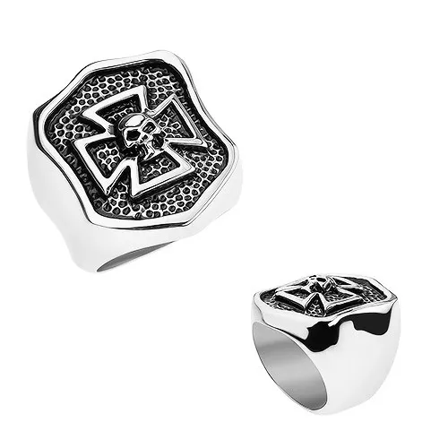 Prsteň z ocele 316L, patinovaný erb s maltézskym krížom a lebkou - Veľkosť: 56 mm