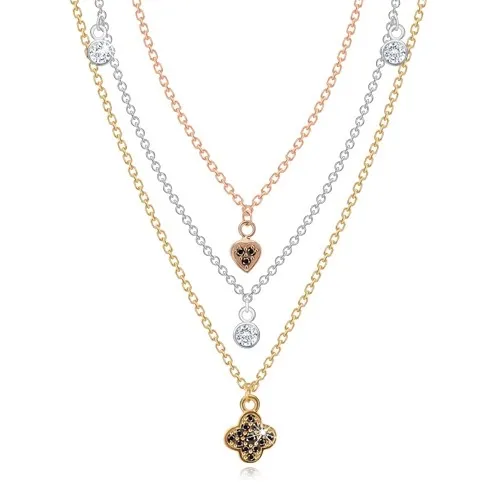 Strieborný náhrdelník 925 - trojfarebné retiazky s príveskami, číre a čierne zirkóny