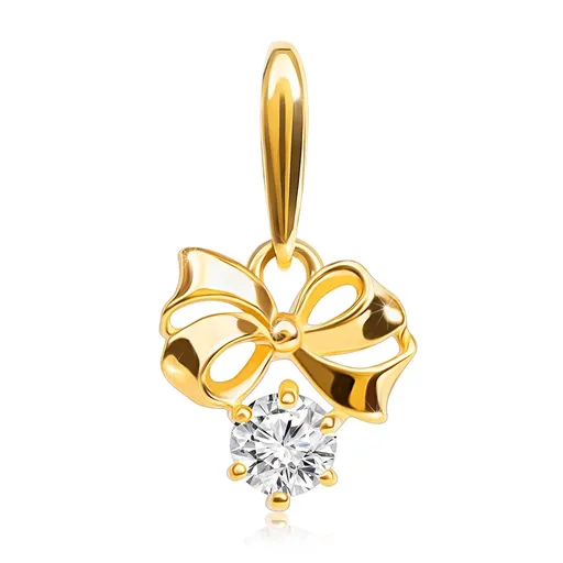Zlatý prívesok 585 - lesklá mašlička zdobená výrezmi, okrúhly číry zirkón