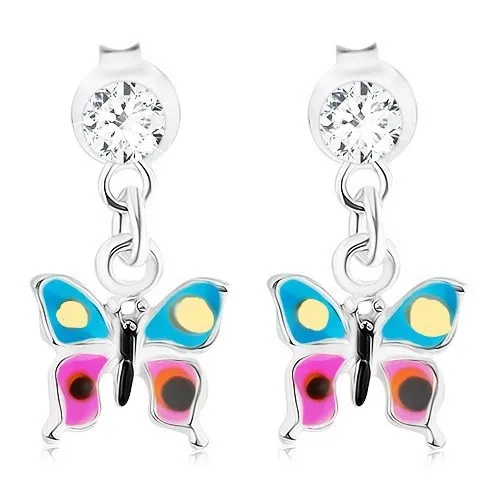 Náušnice zo striebra 925, visiaci motýlik s modro-fialovými krídlami, krištáľ