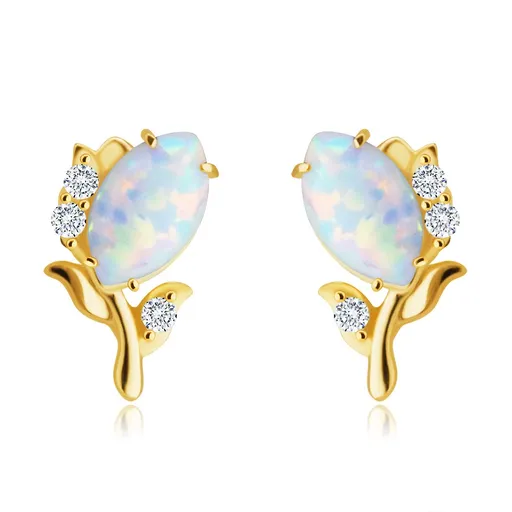 Zlaté 14K náušnice - kvet s bielym syntetickým opálom, drobné okrúhle zirkóniky, puzetky