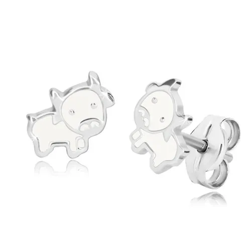 Náušnice zo striebra 925 - kravička, lesklá kontúra s bielou glazúrou, puzetky