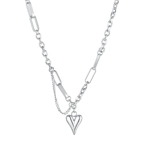 Náhrdelník z chirurgickej ocele, strieborná farba - väčšie oválne očká, úzke lesklé srdiečko