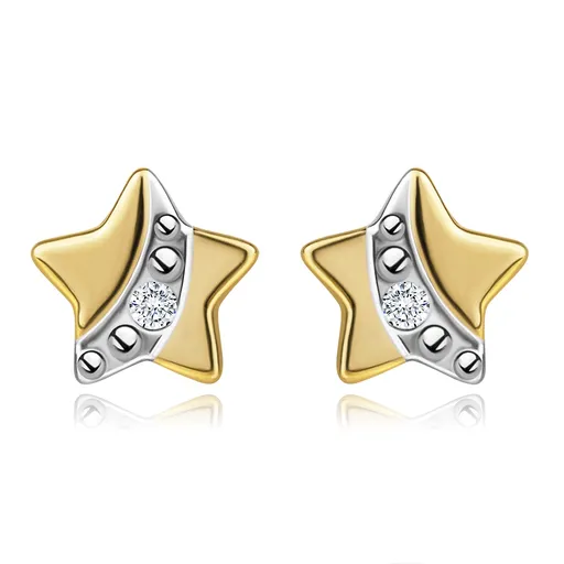 Náušnice z kombinovaného 9K zlata - hviezdy s čírym zirkónom, guličky