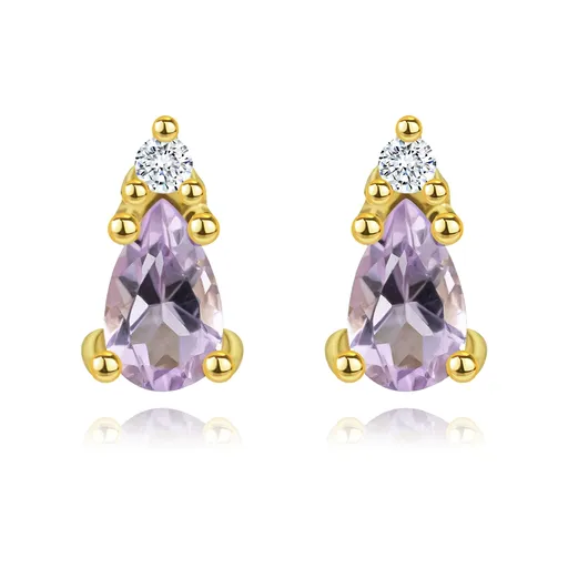 Zlaté náušnice 14K s ametystom v tvare slzy a diamantom