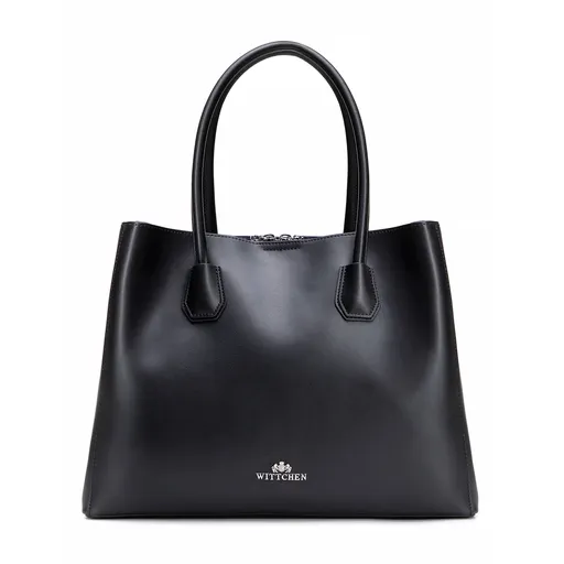 Dámska trojpriehradková aktovka z prírodnej kože, čierna a strieborná 100-4E-616-1S