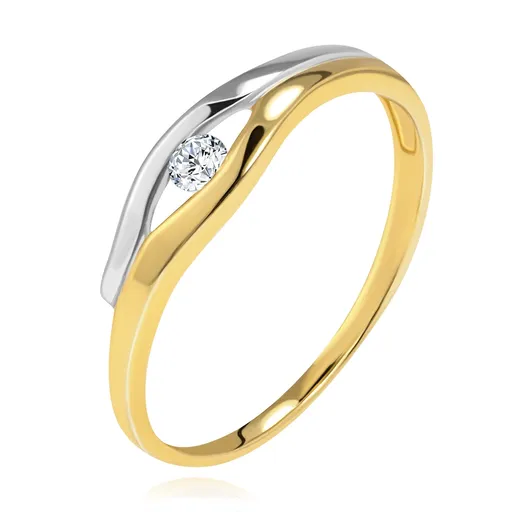Briliantový prsteň v 14K zlate - diamant v úzkom výreze, dvojfarebné línie - Veľkosť: 48 mm