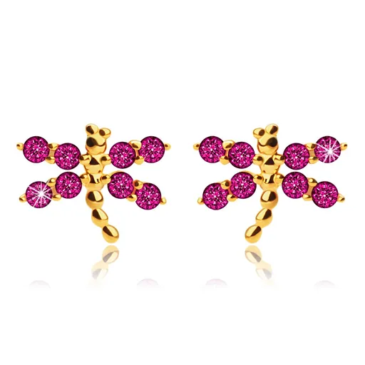 Puzetové náušnice z 9K žltého zlata, vážky, tmavoružové zirkóny