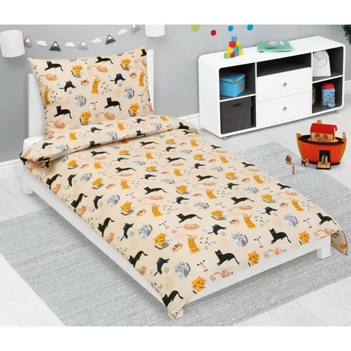 Bellatex Detské bavlnené obliečky Junior Mačka béžová, 140 x 200, 70 x 90 cm