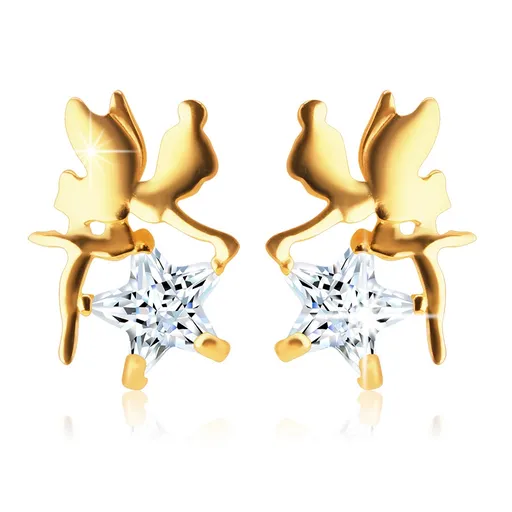 Puzetové zlaté náušnice 375 - víla s krídelkami, číra zirkónová hviezdička