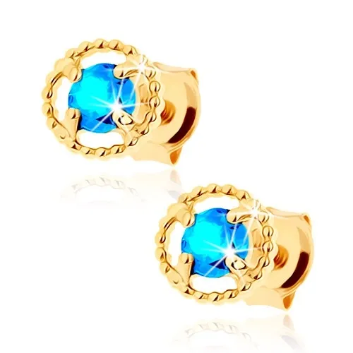 Zlaté náušnice 14K kruh s topásom a vrúbkovaným okrajom