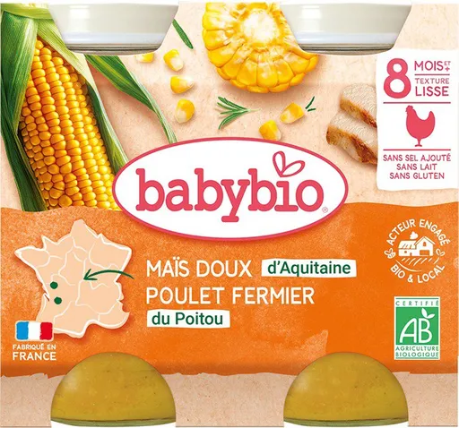BABYBIO, Sladká kukurica s kuracím mäsom, 2× 200 g (3288131510521)