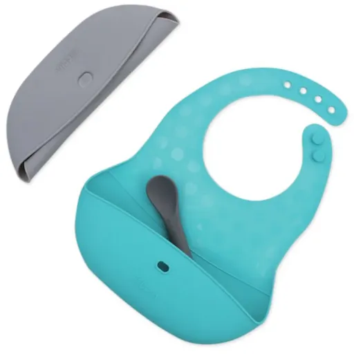 BBLÜV Pöket podbradníček s lyžičkou Grey/Aqua 2 ks